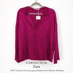 Zara NWT Fuchsia Floral Jacquard Button Down Blouse Women’s Medium